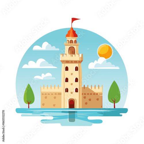 Illustration of an Ancient Lighthouse on the Water with Trees Clouds and the Sun