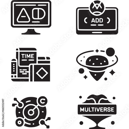 Art of collection of abstract digital icons representing technology, time, space, science, and multiverse concepts