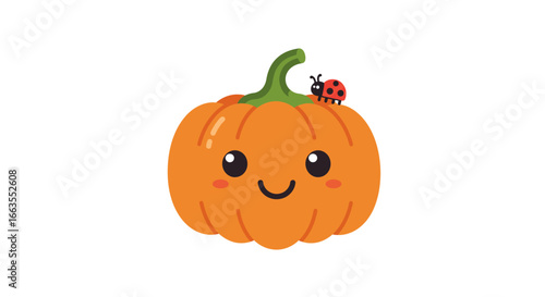Cute pumpkin with smiling face and ladybug for autumn and halloween