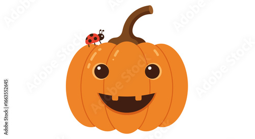 Happy pumpkin with ladybug in cute cartoon style