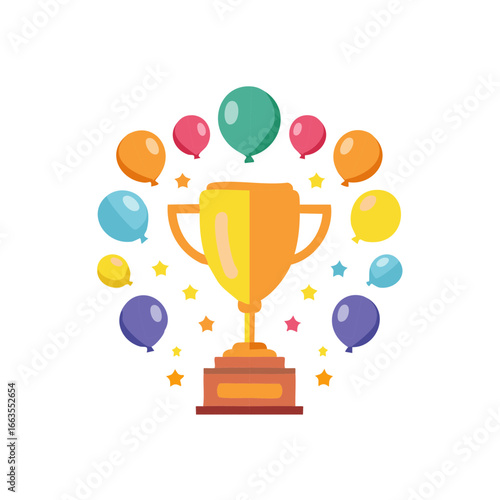 Golden Trophy Cup Surrounded by Colorful Balloons and Stars, Celebrating Achievement and Success