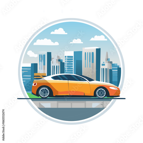 Modern orange car illustration with a cityscape background showing a conceptual transportation scene in a circular logo