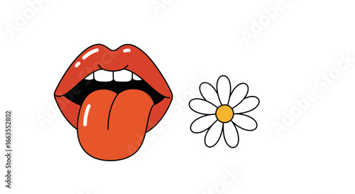 Pop art mouth with tongue and minimalist daisy flower