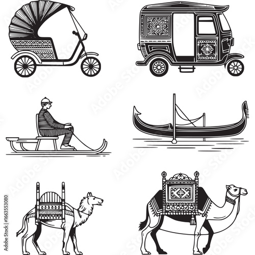 Art of collection of traditional transportation methods including a rickshaw, gondola, camel, and sleigh
