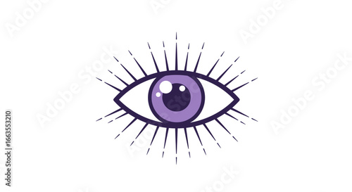 Mystical purple eye with radiating lines on white background