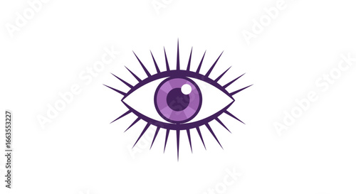 Purple eye with spiky black lashes on white background