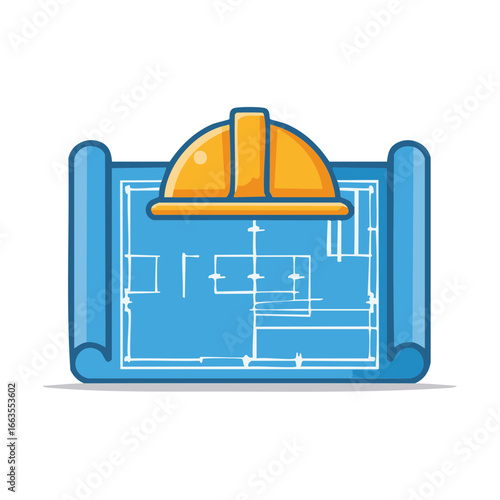 Architectural blueprint with hard hat representing construction planning and design concepts
