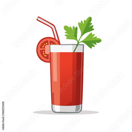 Refreshing tomato juice in a glass with celery garnish and sliced tomato with a striped straw illustration.