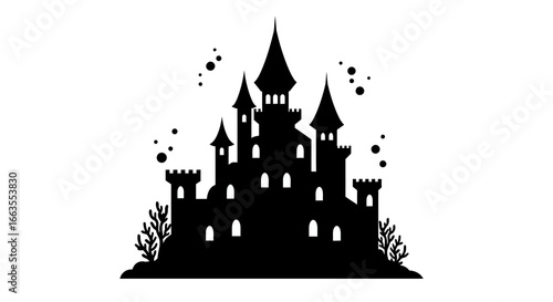 Majestic castle silhouette with turrets and towers in fairy tale style