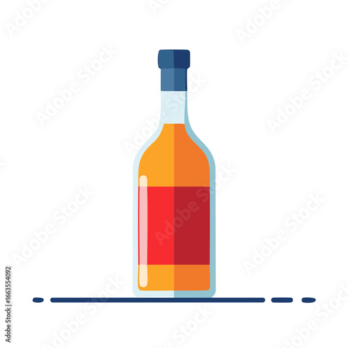 Flat Design Illustration of Liquor Bottle with Red Label and Blue Cap Against White