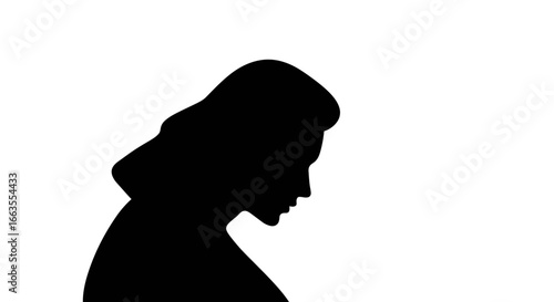 Silhouette of pensive woman on white background: minimalistic profile art