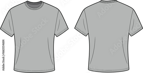 CAD drawing flat vector illustration of plain crew-neck t-shirt, front and back views, clean design, technical sketch, garment layout, fashion template, clothing vector