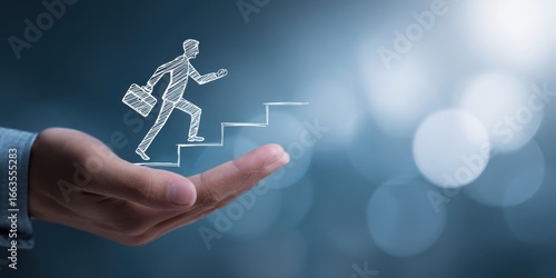 The hand supporting a figure climbing stairs towards success.