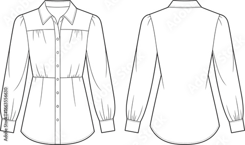 CAD drawing flat vector illustration of pleated blouse, gathered shoulder, long sleeves, buttoned front design, fashion garment sketch layout view