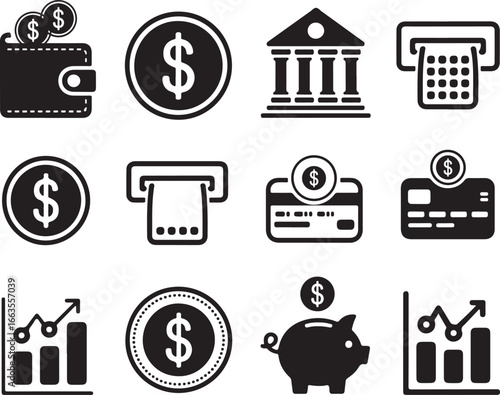 Financial Icons Set Wallet, Coin, Bank, ATM, Credit Card, Piggy Bank, and Graph