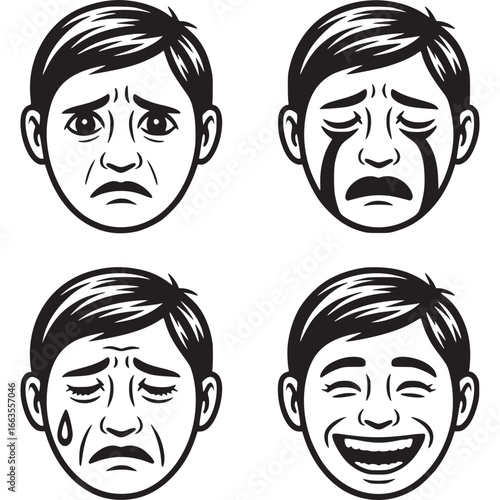 Art of a collection of four stylized faces showing various human emotions including sadness, crying, and extreme happiness
