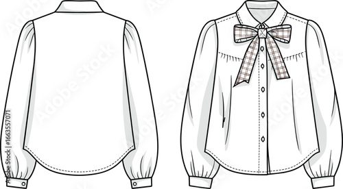 CAD drawing flat vector illustration of pleated blouse, bow tie neckline, long sleeves, button-down design, elegant fashion garment layout