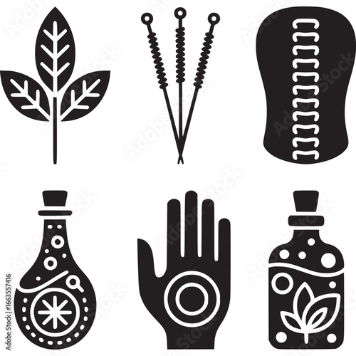 Art of set of black icons representing alternative medicine and wellness, featuring acupuncture needles, herbal leaves, medicinal bottles, and a hand, isolated on a