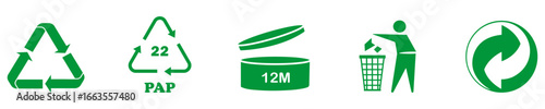 Recycle symbol, 22 pap, period after opening 12m, trash bin, green dot icons in green color on white background. Set recycle sign or packaging sign for products. PAO, 12m, month, recycle code