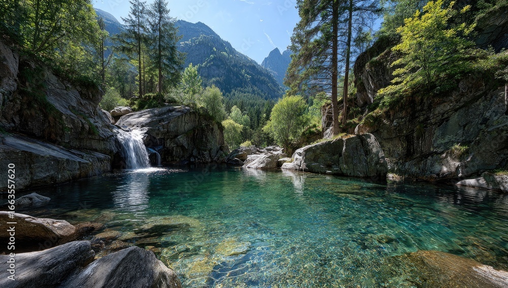Fototapeta premium Serene alpine pool, cascading waterfall