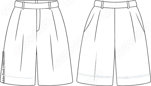 CAD drawing flat vector illustration of pleated men's shorts with waistband, side pockets, front view, back view, technical sketch