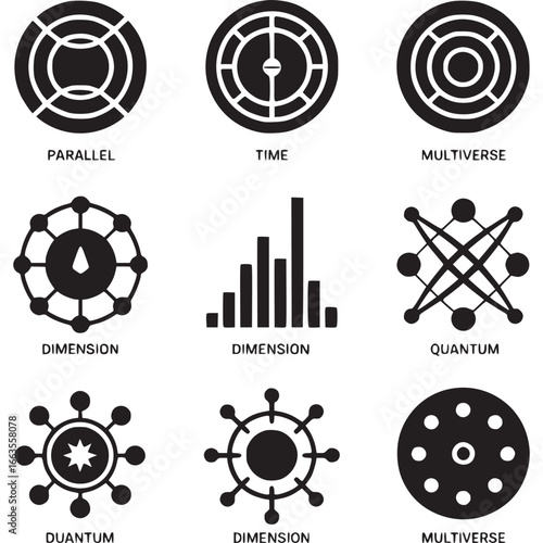 Art of abstract geometric icons representing scientific concepts like parallel universes, time, dimensions, and quantum physics