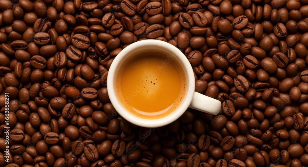 Top-down shot of glossy Arabica beans with espresso cup and rich crema Top-down shot of glossy Arabica beans with espresso cup and rich crema