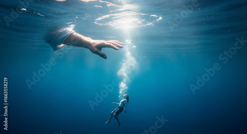 Wallpaper Mural Reach for Salvation: A dramatic scene unfolds beneath the water's surface as a helping hand reaches down to rescue a struggling person in a moment of desperation, offering a glimmer of hope. Torontodigital.ca