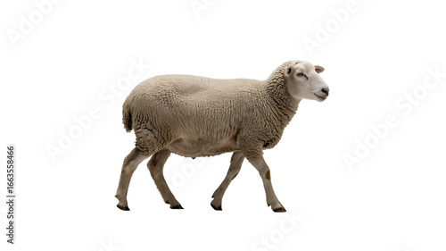 A gentle sheep walks forward on a clean white background, isolated.