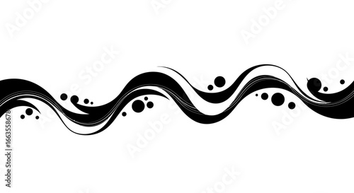 Abstract wave design with black swooshes and dots on white background