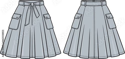 CAD drawing flat vector illustration of pleated midi skirt with belt, flap pockets, waistband, front and back view, fashion sketch
