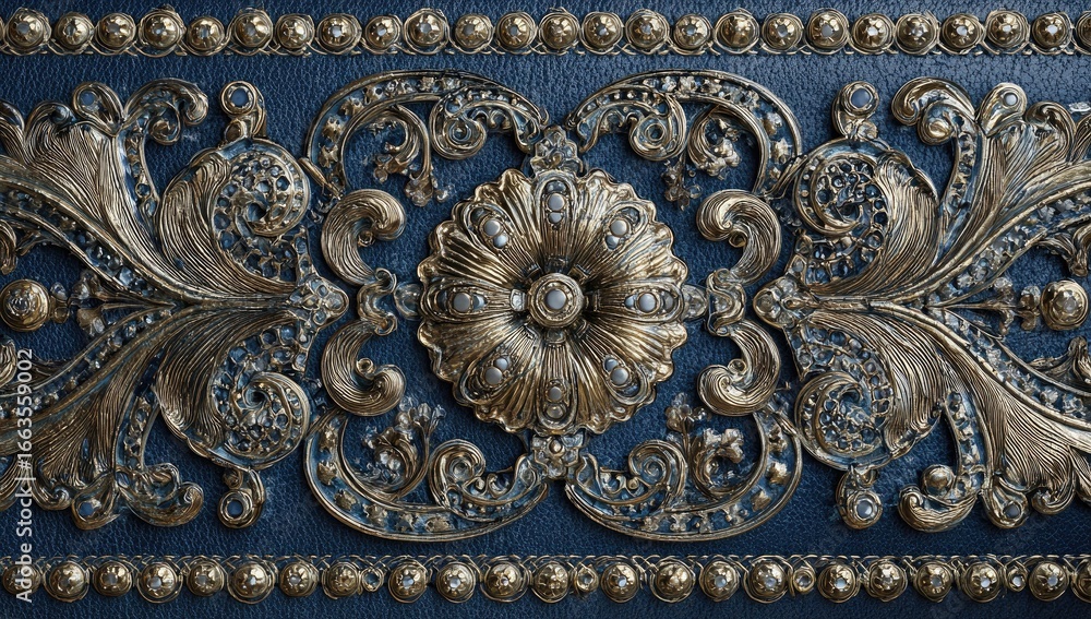 Obraz premium Ornate gold-toned decorative panel with dark blue background