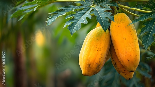 Close-up of ripe yellow papayas hanging from a tree in a tropical setting