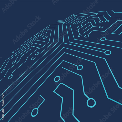 Perspective view shows interconnected glowing circuit paths on dark blue background