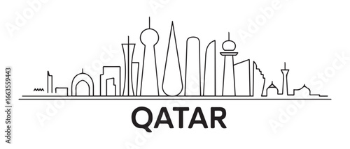 Qatar skyline, Line art illustration. The black and white silhouette of Qatar. Vector template for your design. with white background