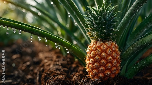 A close-up of a ripening pineapple on a plant with water droplets