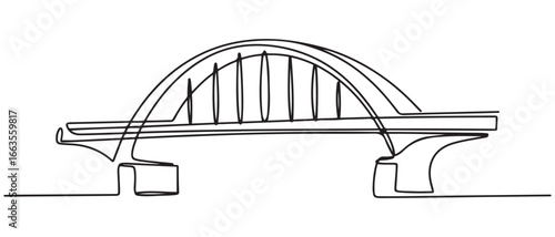 One continuous line drawing of bridge design illustration. Bridge architecht in simple linear style. Construction design concept. Vector illustration. with white background
