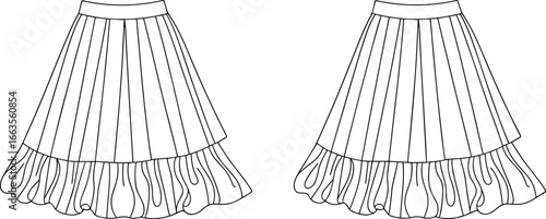 CAD drawing flat vector illustration of pleated skirts, ruffled hem detail, front and back view design, structured garment sketch layout, stylish fashion clothing template file