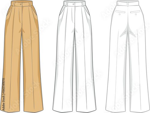 Cad drawing flat vector illustration of pleated wide leg formal trousers, front and back views, technical sketch, fashion garment template, women’s pants design layout