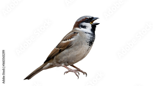 A small sparrow sings on a white background, its beak open in song.