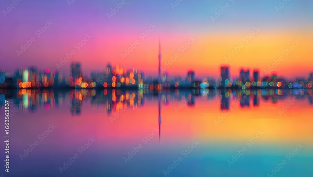 Fototapeta premium Blurry cityscape at sunset reflected in water