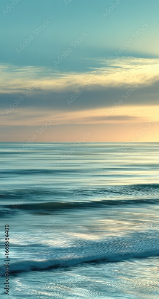 Obraz premium Serene coastal sunset. Soft, horizontal lines of a hazy, pastel sunset over a tranquil ocean. Pastel colors of peach, beige, and teal blend harmoniously. Gentle waves with a blurred motion