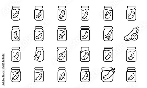 Collection of black and white drink and beverage icons, soda, beer, bubble tea, juice, coffee, tea, wine, cocktails, smoothies, honey jar, pickle jar, milk carton, energy drink, condiment bottles, and