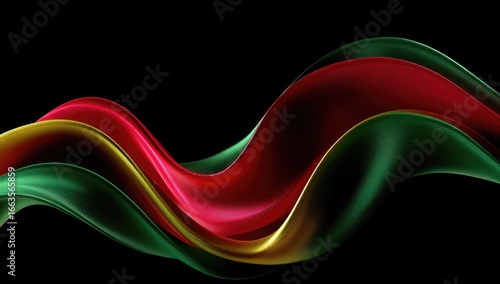 Abstract flowing ribbons of red, green, and gold on black background