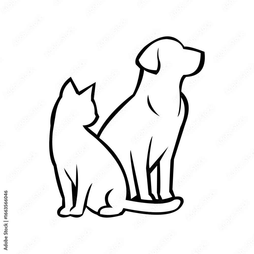 Obraz premium Monochrome illustration of a cat and dog together, representing domestic pets and companionship, suitable for various designs