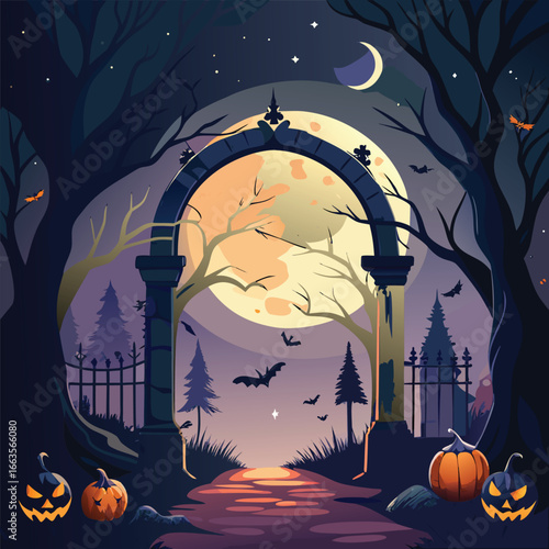 Ominous glowing archway framing a spooky halloween scene with eerie atmosphere and dark colors