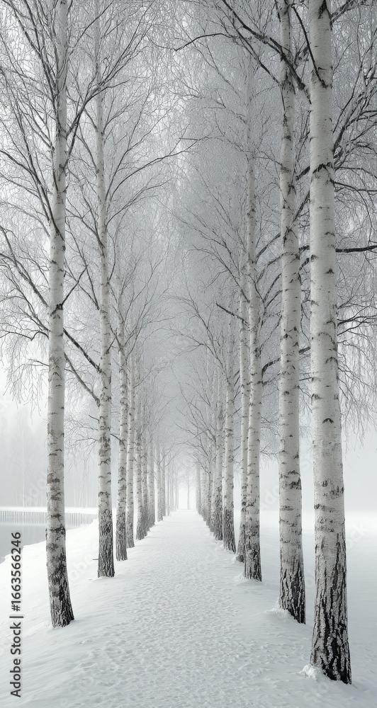 Fototapeta premium A serene winter pathway lined with birch trees