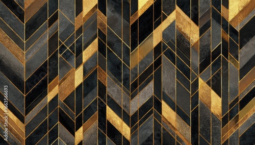 Abstract geometric pattern with herringbone design, featuring dark gray, black, gold, and tan hues