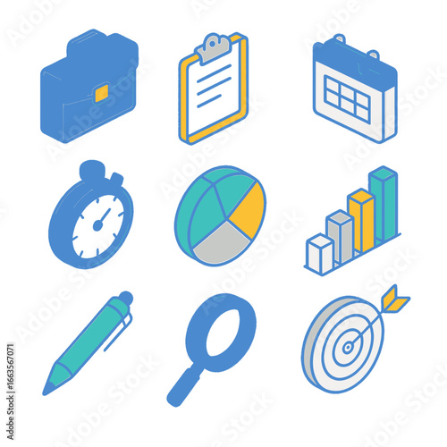 Isometric business icons representing various aspects of work, planning, and strategy in a professional setting.