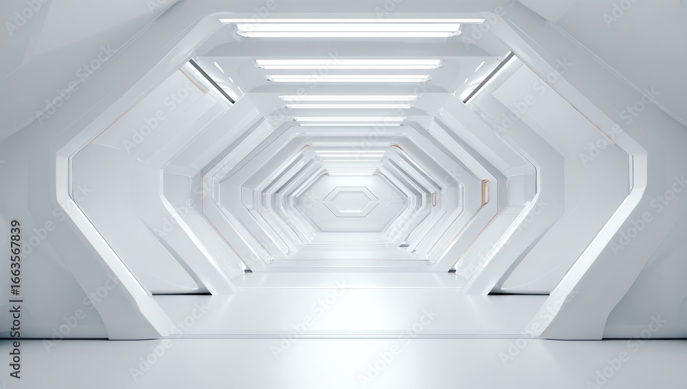 Obraz premium White futuristic corridor with hexagonal panels